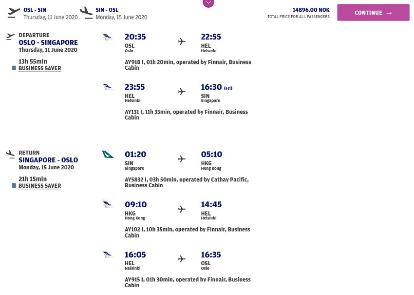 Preisbeispiel von Oslo nach Singapore in der Finnair Business-Class (09.12.2019 08:55 CET)