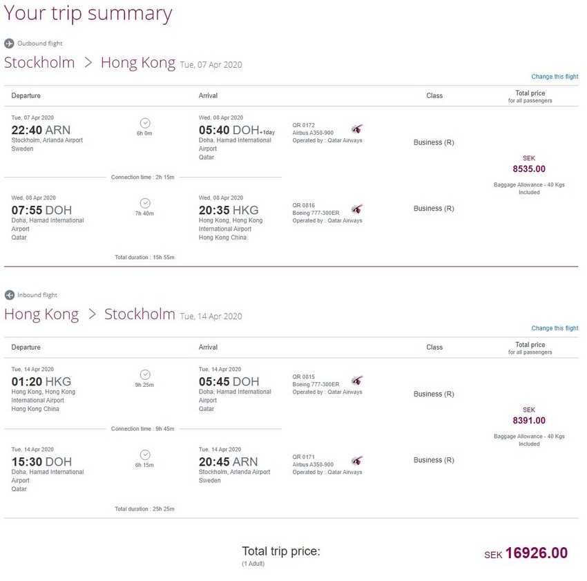 Preisbeispiel von Stockholm nach Hong Kong in der Qatar Airways Business-Class