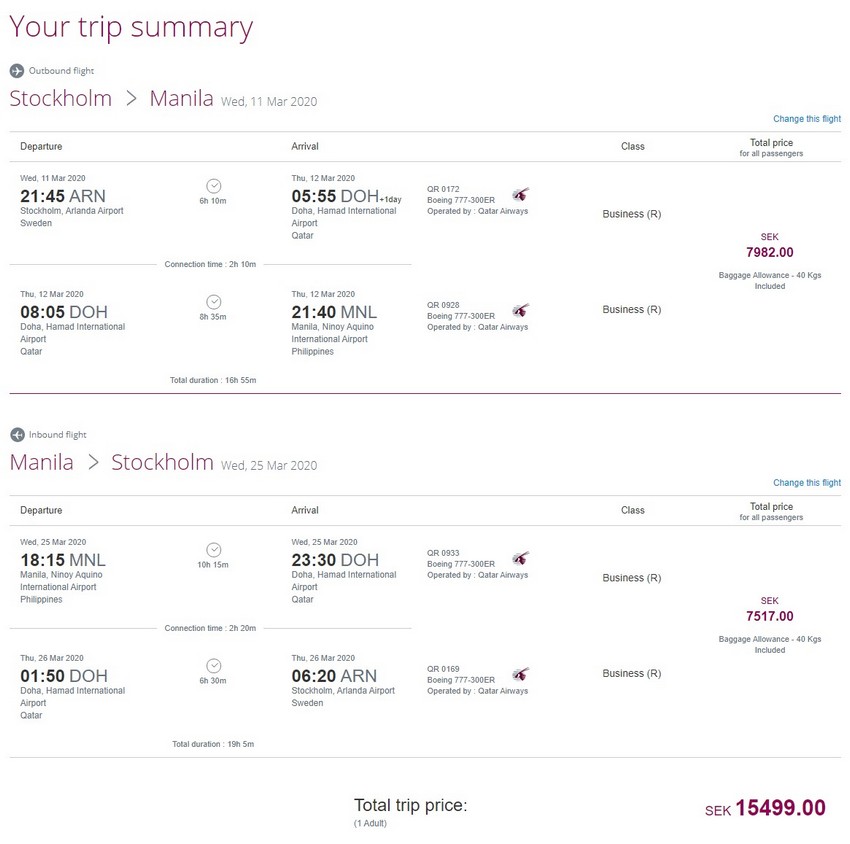 Preisbeispiel von Stockholm nach Manila in der Qatar Airways Business-Class