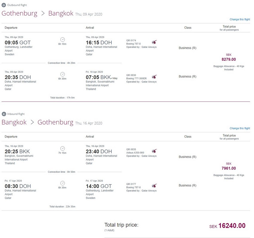 Preisbeispiel von Göteborg nach Bangkok in der Qatar Airways Business-Class