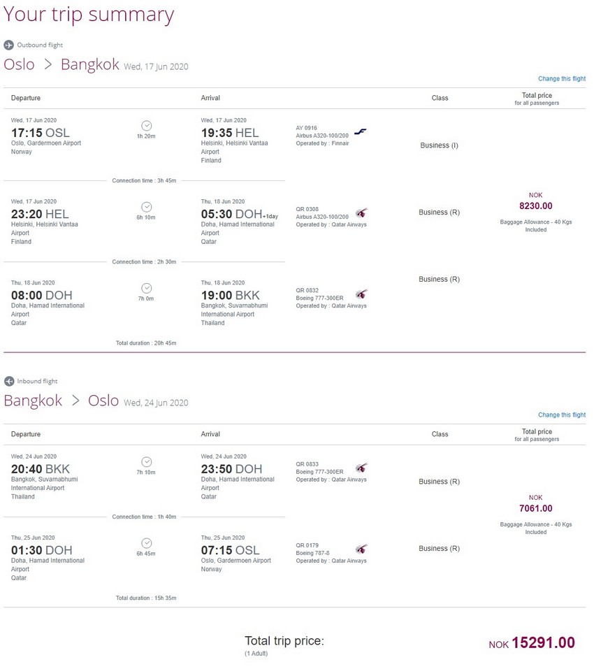 Preisbeispiel von Oslo nach Bangkok in der Qatar Airways Business-Class