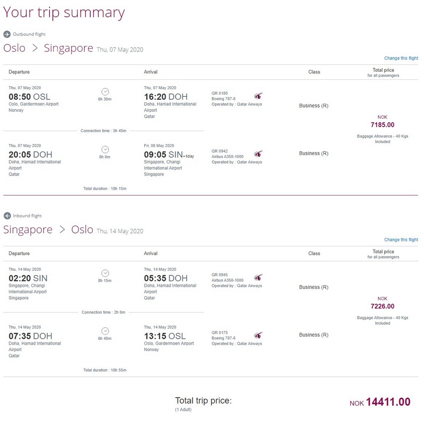 Preisbeispiel von Oslo nach Singapore in der Qatar Airways Business-Class