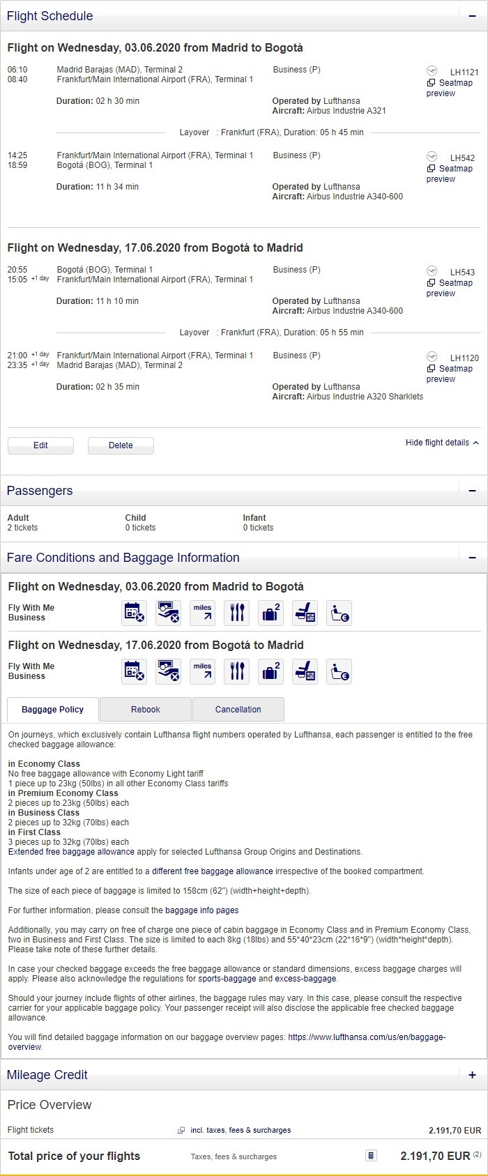 Preisbeispiel für Partnertarif von Madrid nach Bogota in der Lufthansa Business-Class