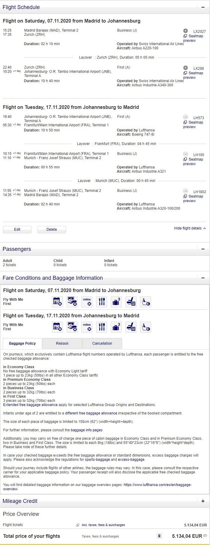 Preisbeispiel für Partnertarif von Madrid nach Johnnesburg in der Lufthansa First-Class