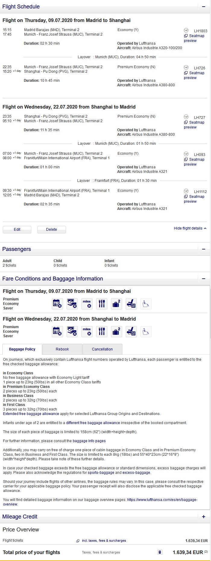 Preisbeispiel für Partnertarif von Madrid nach Shanghai in der Lufthansa Premium-Economy-Class