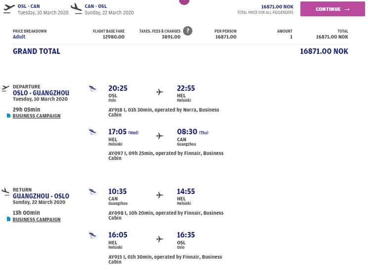 Preisbeispiel von Oslo nach Guangzhou in der Finnair Business-Class