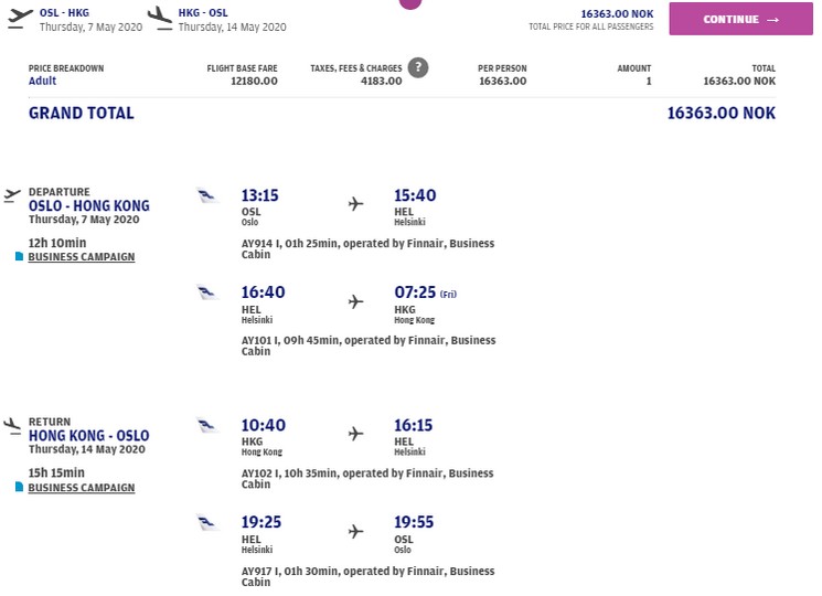Preisbeispiel von Oslo nach Hong Kong in der Finnair Business-Class