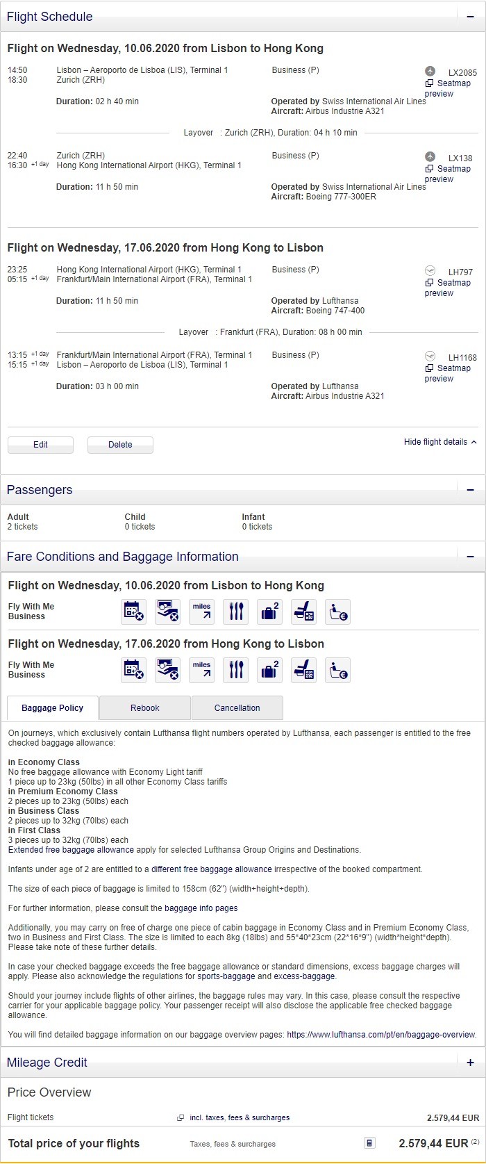 Preisbeispiel für Partnertarif von Lissabon nach Hong Kong in der Swiss und Lufthansa Business-Class