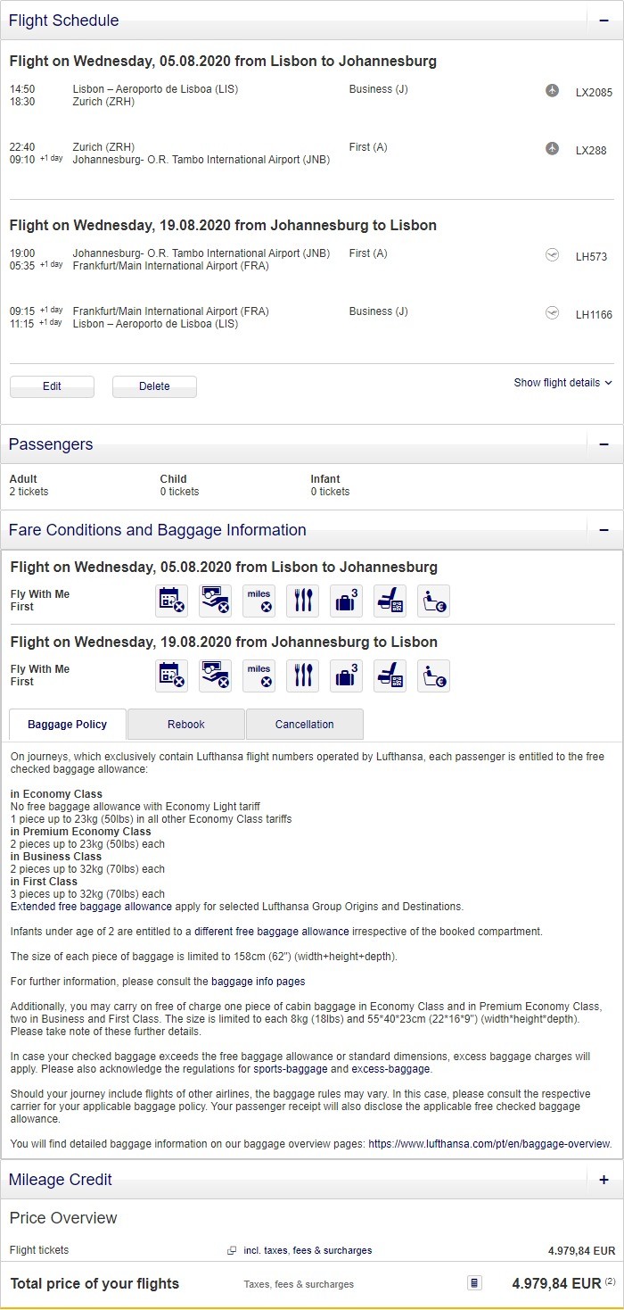 Preisbeispiel für Partnertarif von Lissabon nach Johannesburg in der Swiss und Lufthansa First-Class