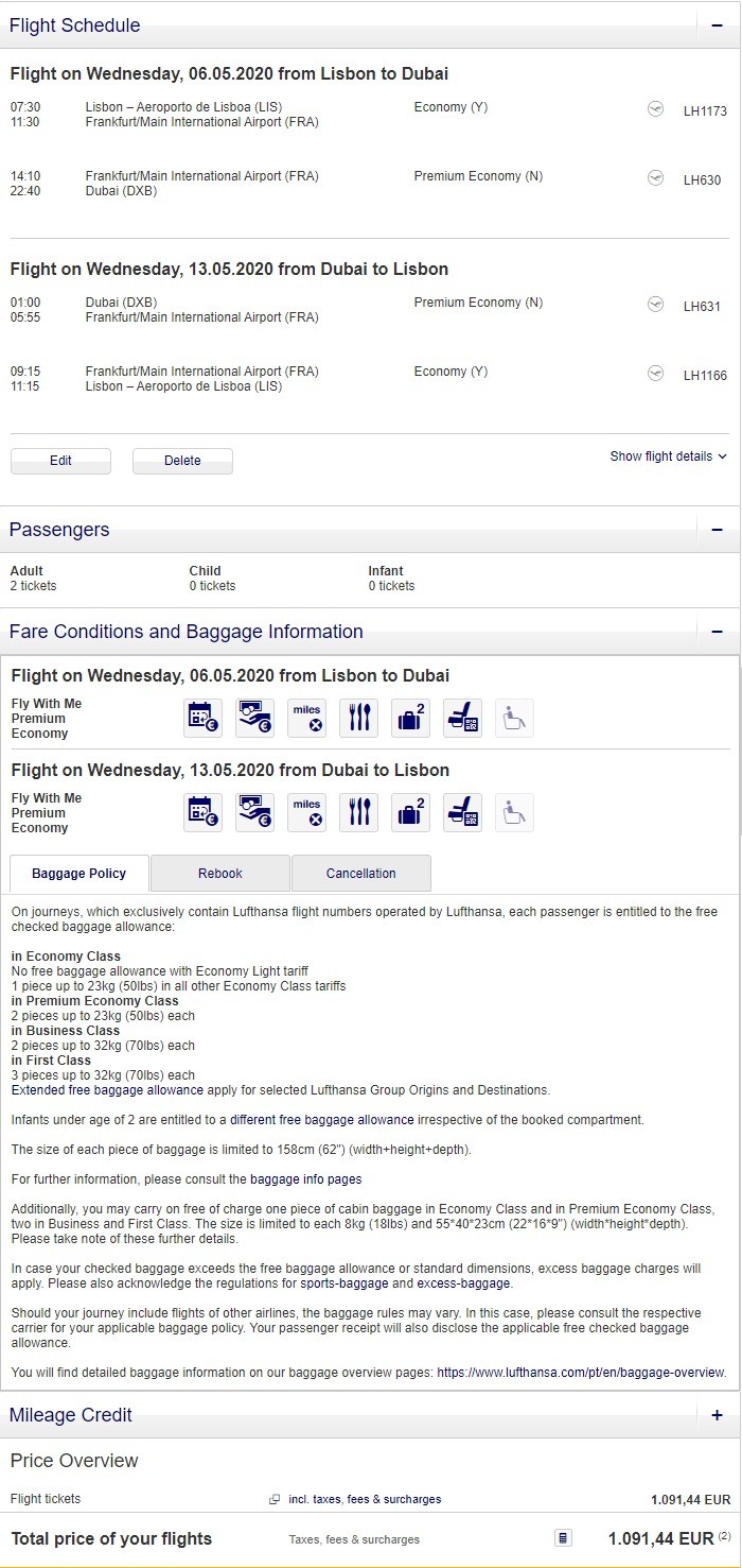 Preisbeispiel für Partnertarif von Lissabon nach Dubai in der Lufthansa Premium-Economy-Class