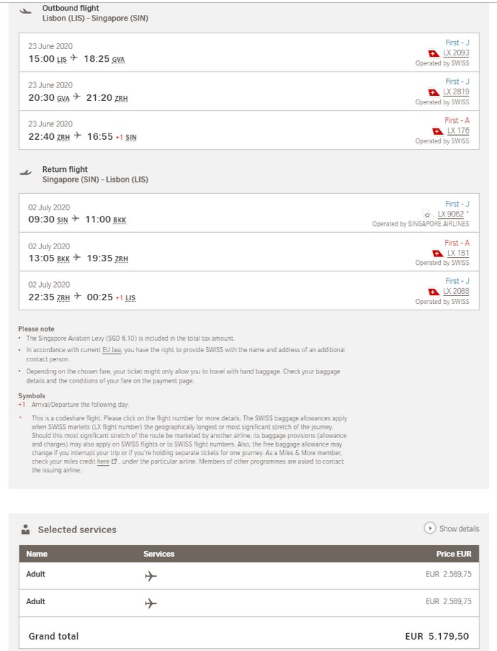 Preisbeispiel für Partnertarif von Lissabon nach Singapore in der Swiss Lufthansa First-Class