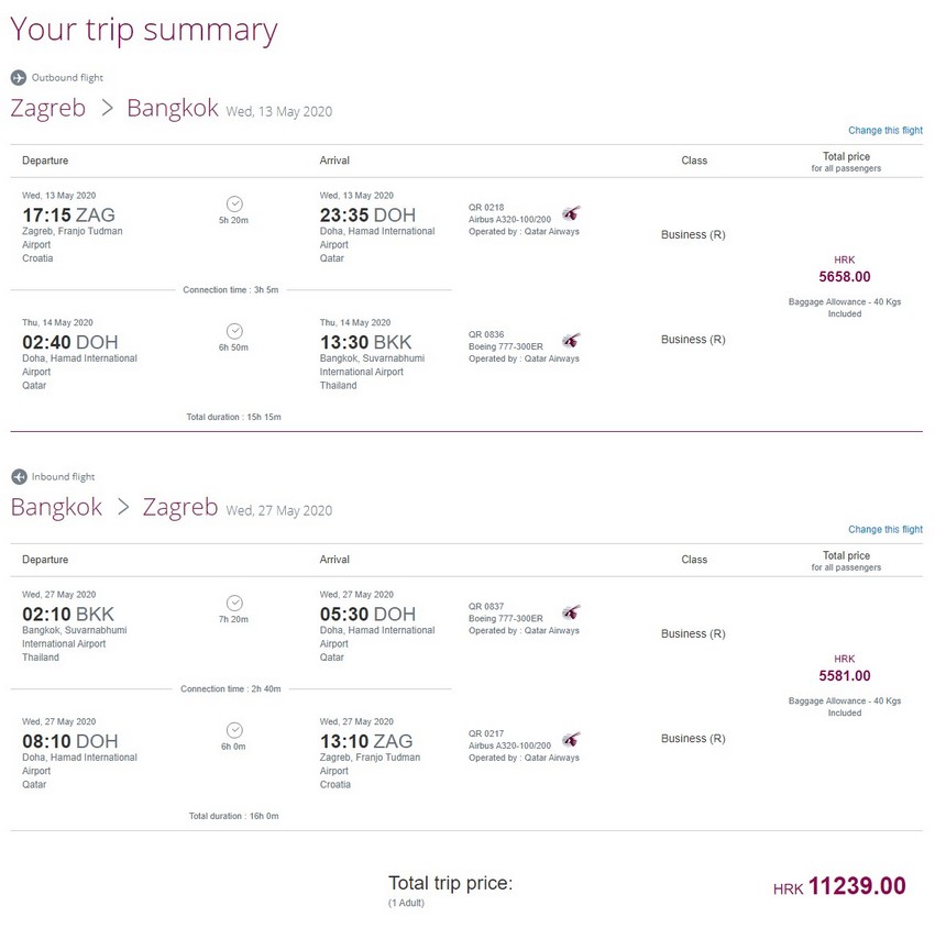 Preisbeispiel von Zagreb nach Bangkok in der Qatar Airways Business-Class