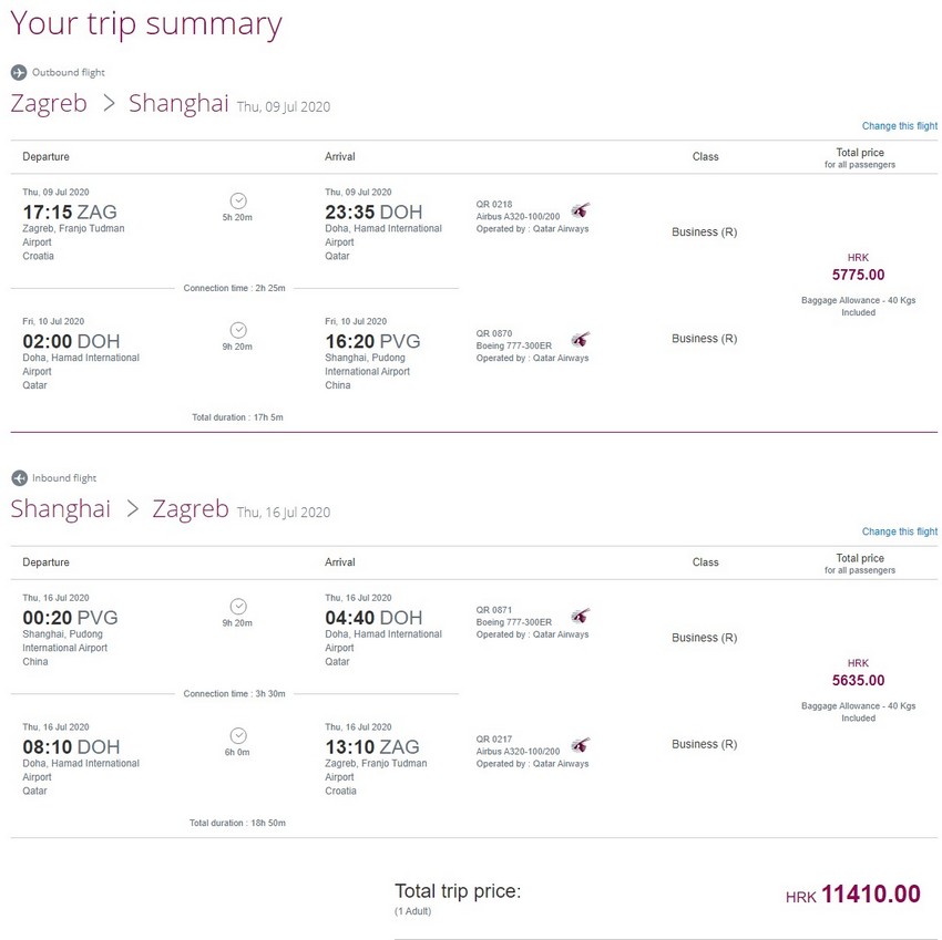 Preisbeispiel von Zagreb nach Shanghai in der Qatar Airways Business-Class