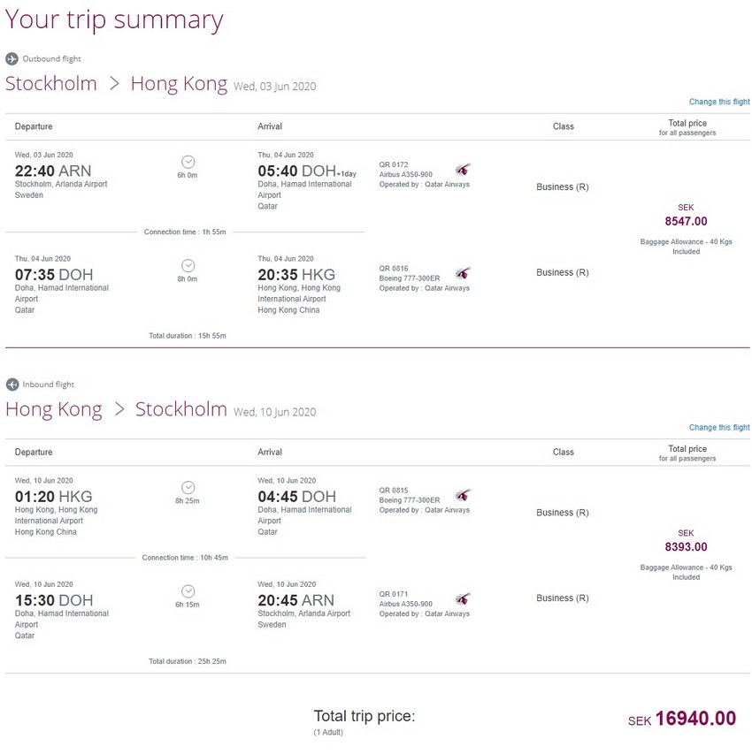 Preisbeispiel von Stockholm nach Hong Kong in der Qatar Airways Business-Class