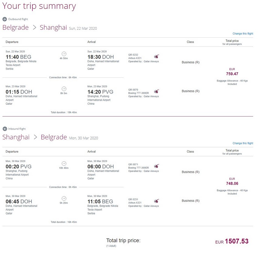 Preisbeispiel von Belgrad nach Shanghai in der Qatar Airways Business-Class