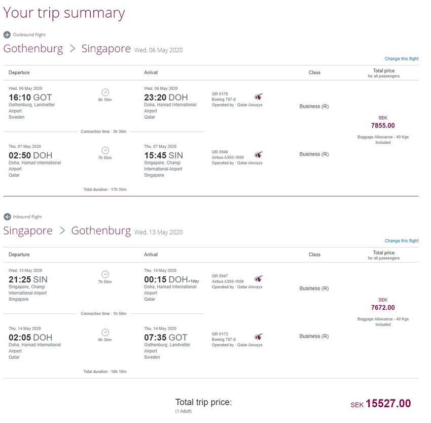 Preisbeispiel von Göteborg nach Singapore in der Qatar Airways Business-Class