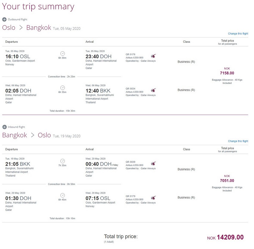 Preisbeispiel von Oslo nach Bangkok in der Qatar Airways Business-Class