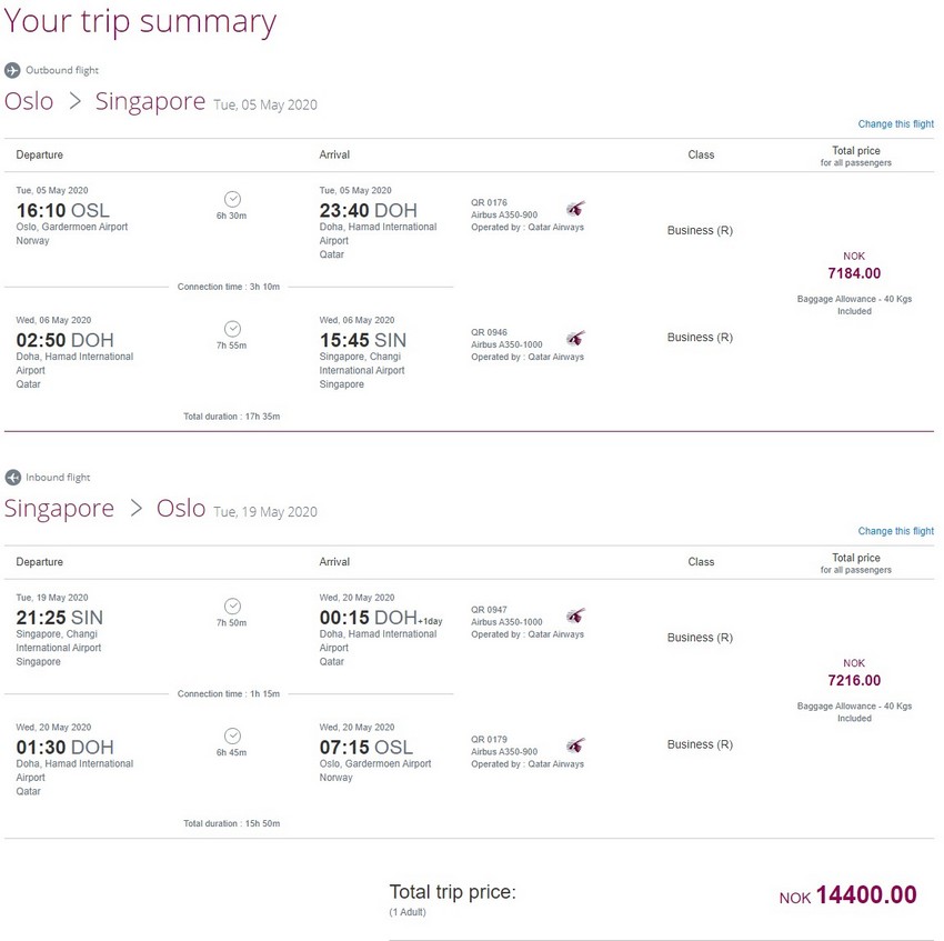 Preisbeispiel von Oslo nach Singapore in der Qatar Airways Business-Class