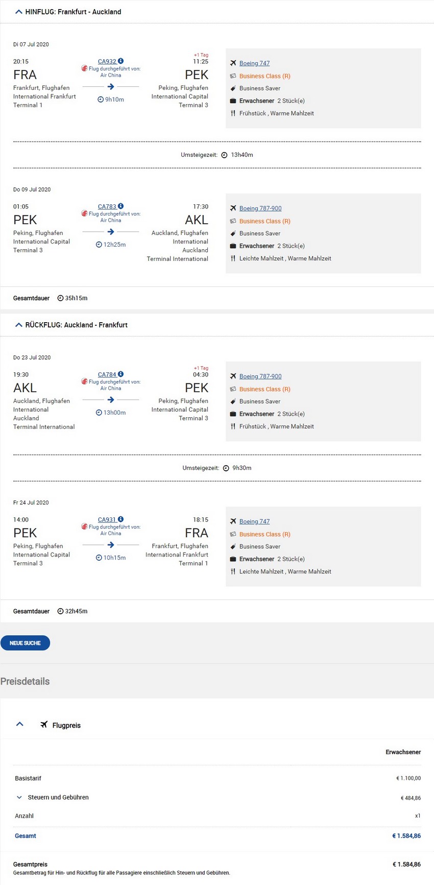 Preisbeispiel von Frankfurt nach Auckland in der Air China Business-Class