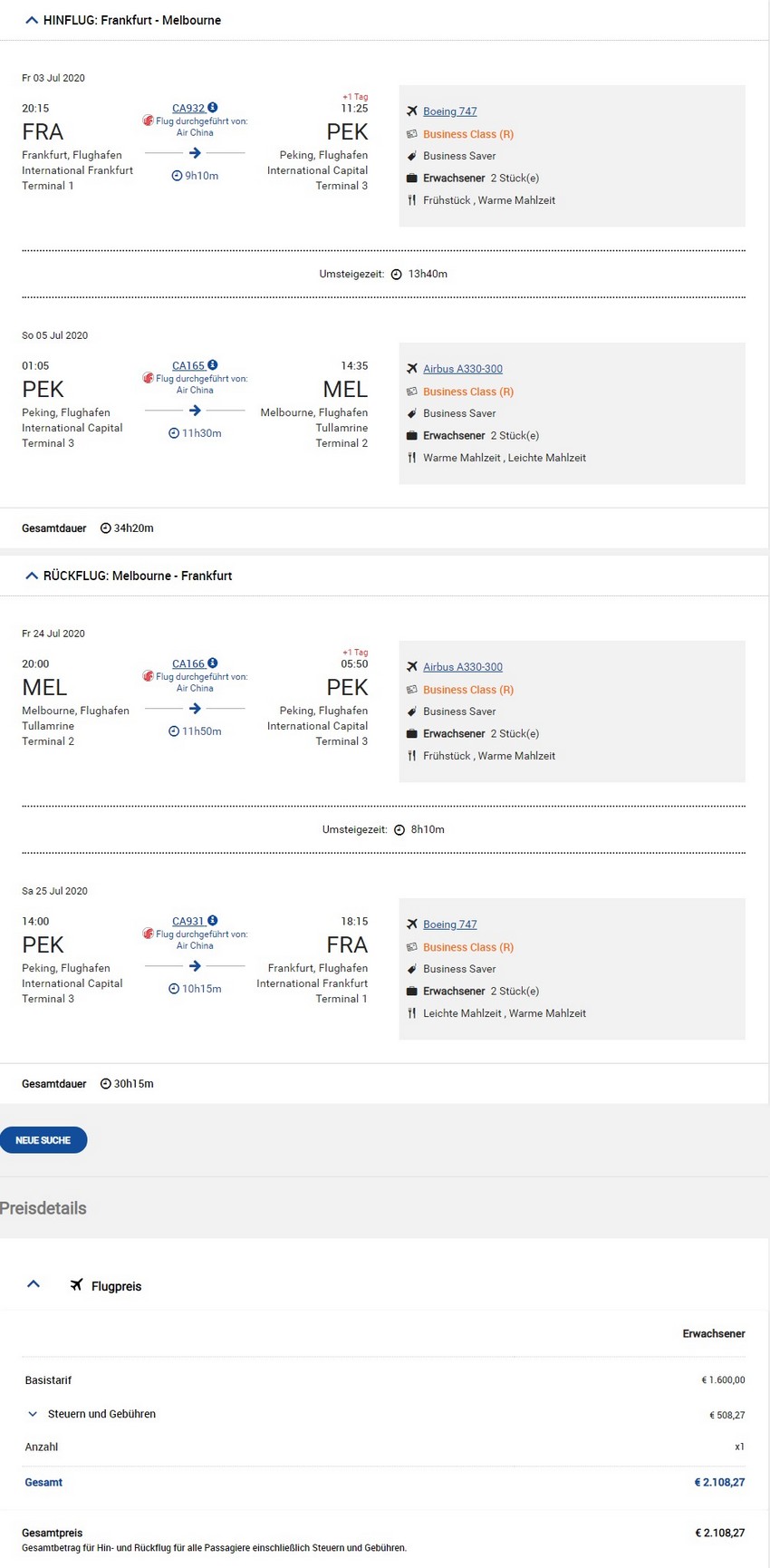 Preisbeispiel von Frankfurt nach Melbourne in der Air China Business-Class