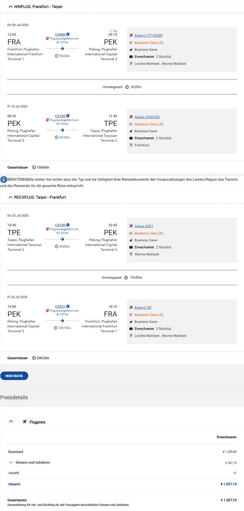 Preisbeispiel von Frankfurt nach Taipei in der Air China Business-Class