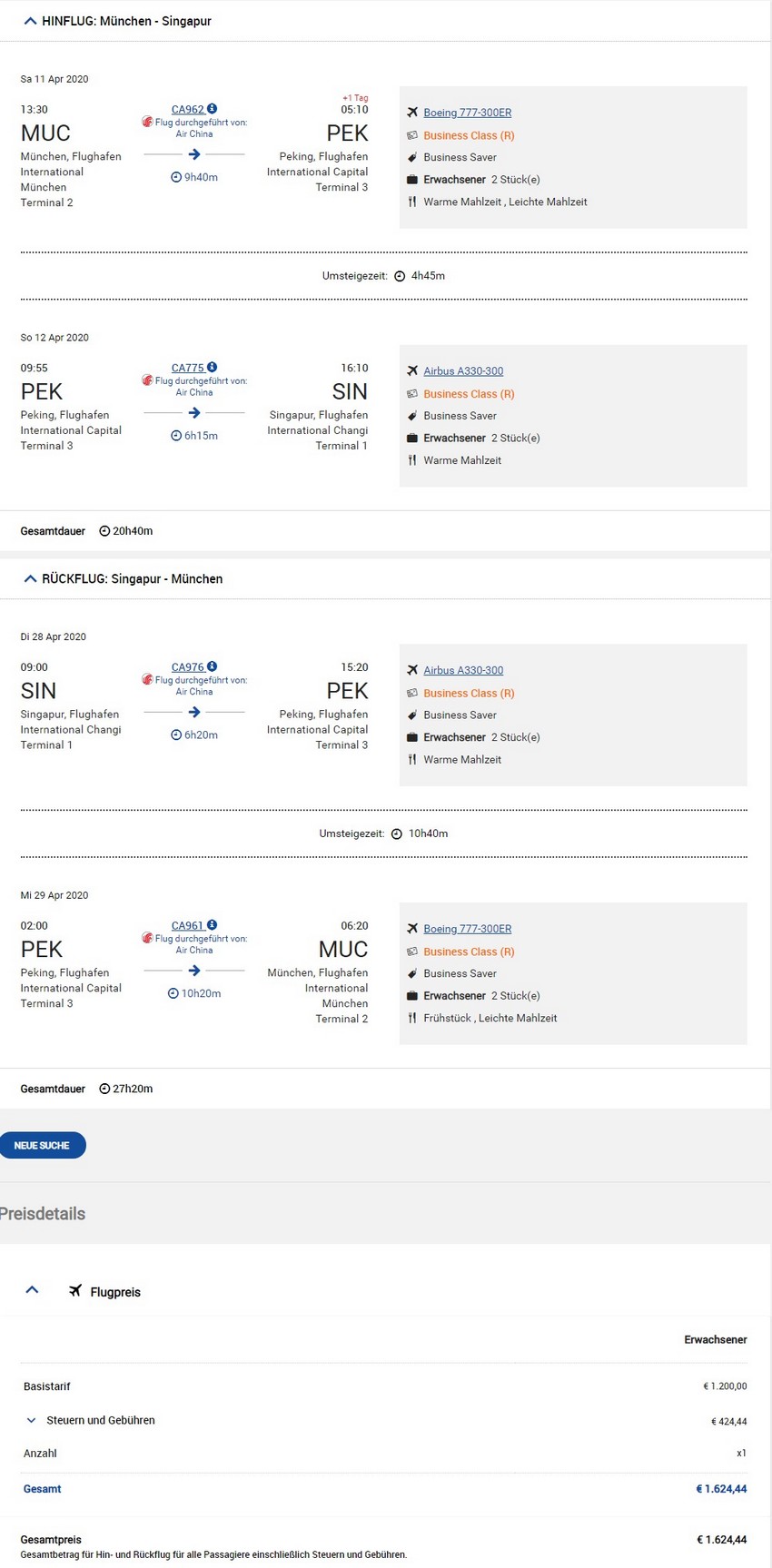 Preisbeispiel von München nach Singapore in der Air China Business-Class