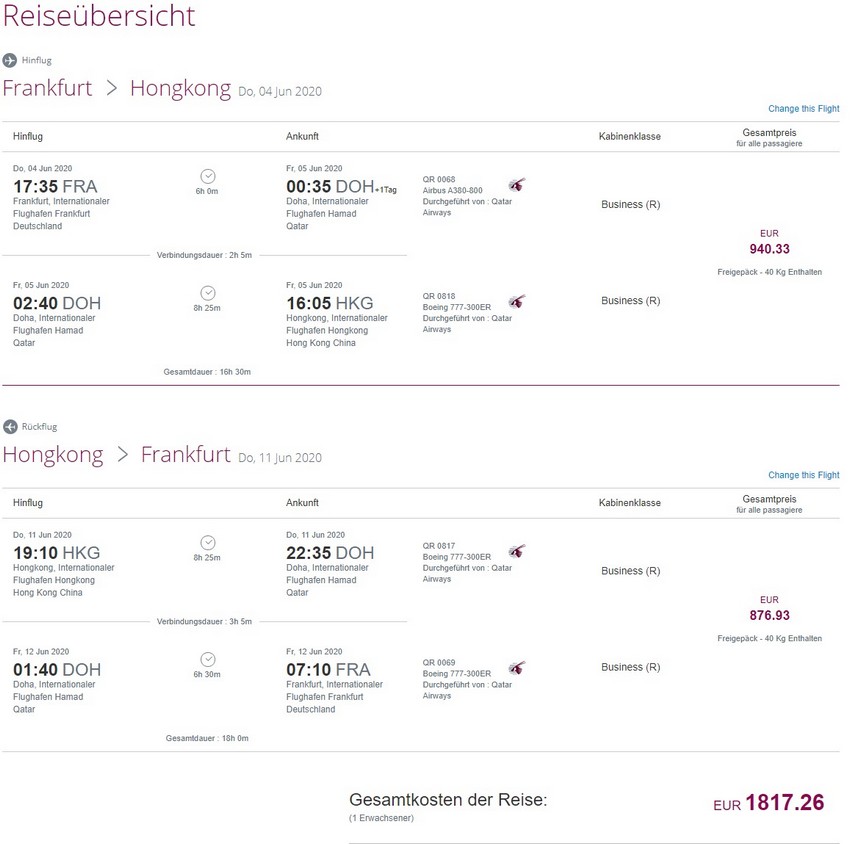 Preisbeispiel von Frankfurt nach Hong Kong in der Qatar Airways Business-Class