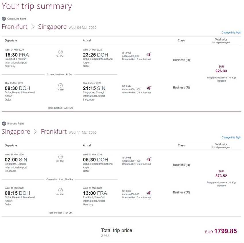 Preisbeispiel von Frankfurt nach Singapore in der Qatar Airways Business-Class