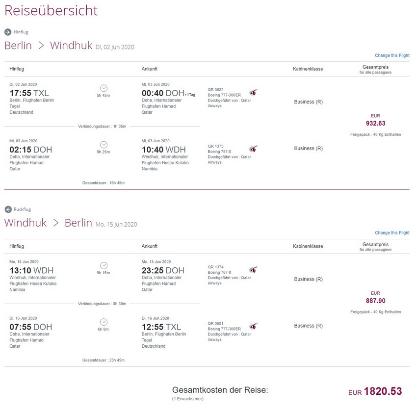 Preisbeispiel von Berlin nach Windhuk in der Qatar Airways Business-Class