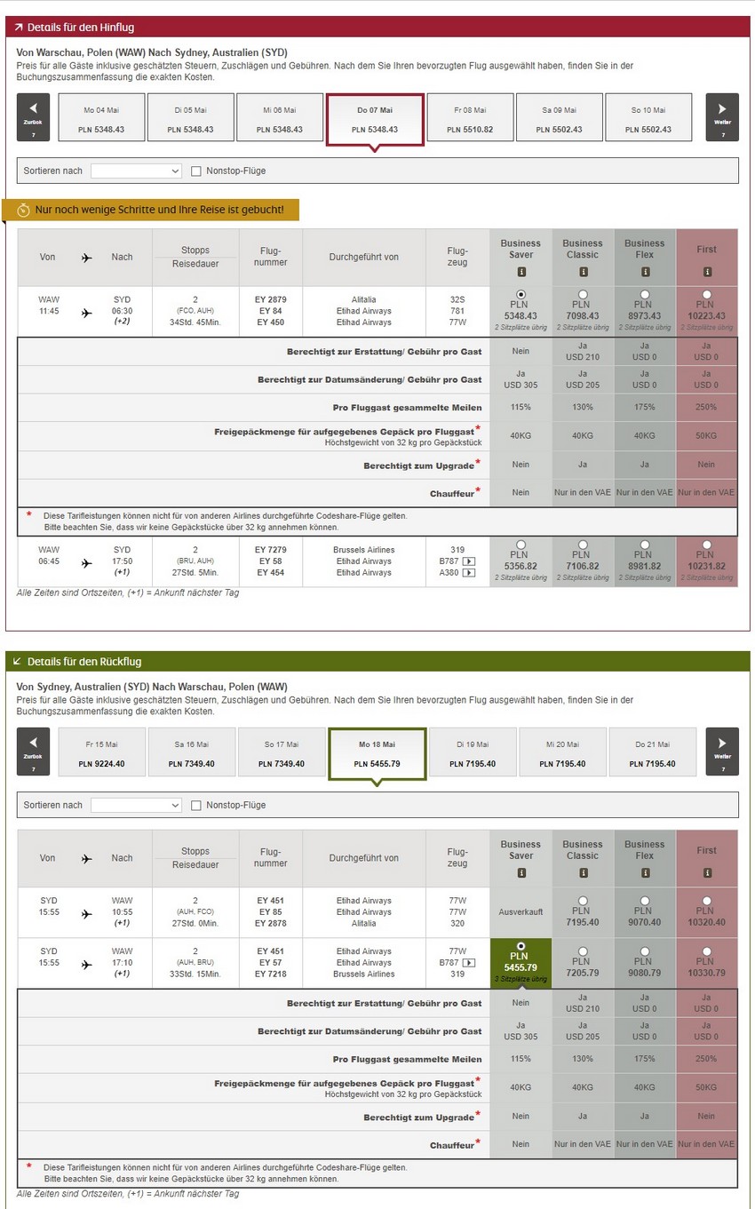 Preisbeispiel von Warschau nach Sydney in der Etihad Airways Business-Class