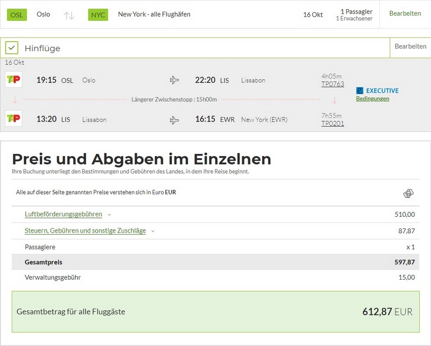 Preisbeispiel oneway von Oslo nach Newark in der TAP Air Portugal Business-Class