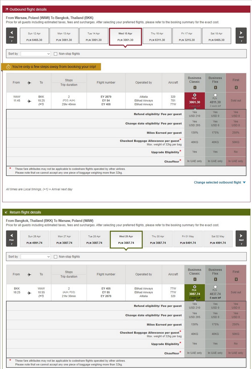 Preisbeispiel von Warschau nach Bangkok in der Etihad Airways Business-Class