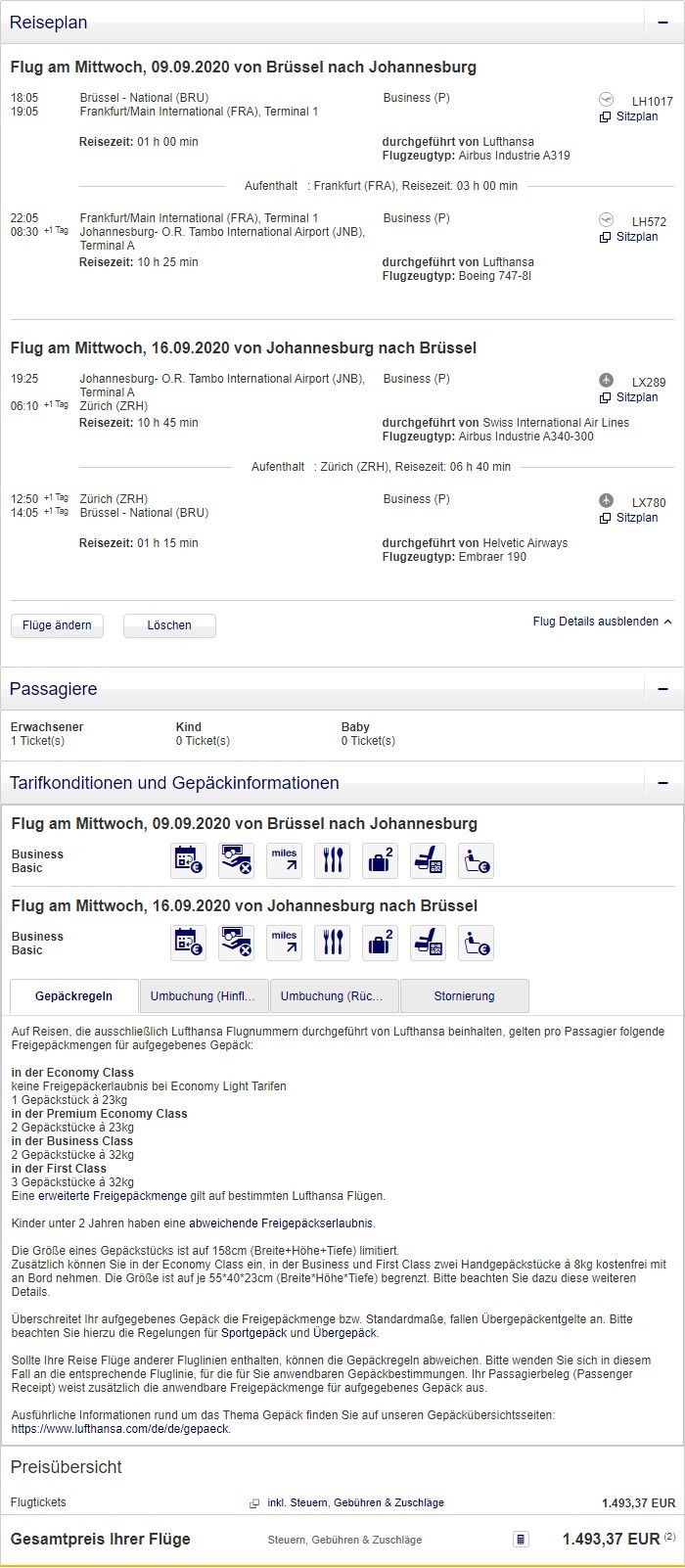 Preisbeispiel von Brüssel nach Johannesburg in der Lufthansa und Swiss Business-Class