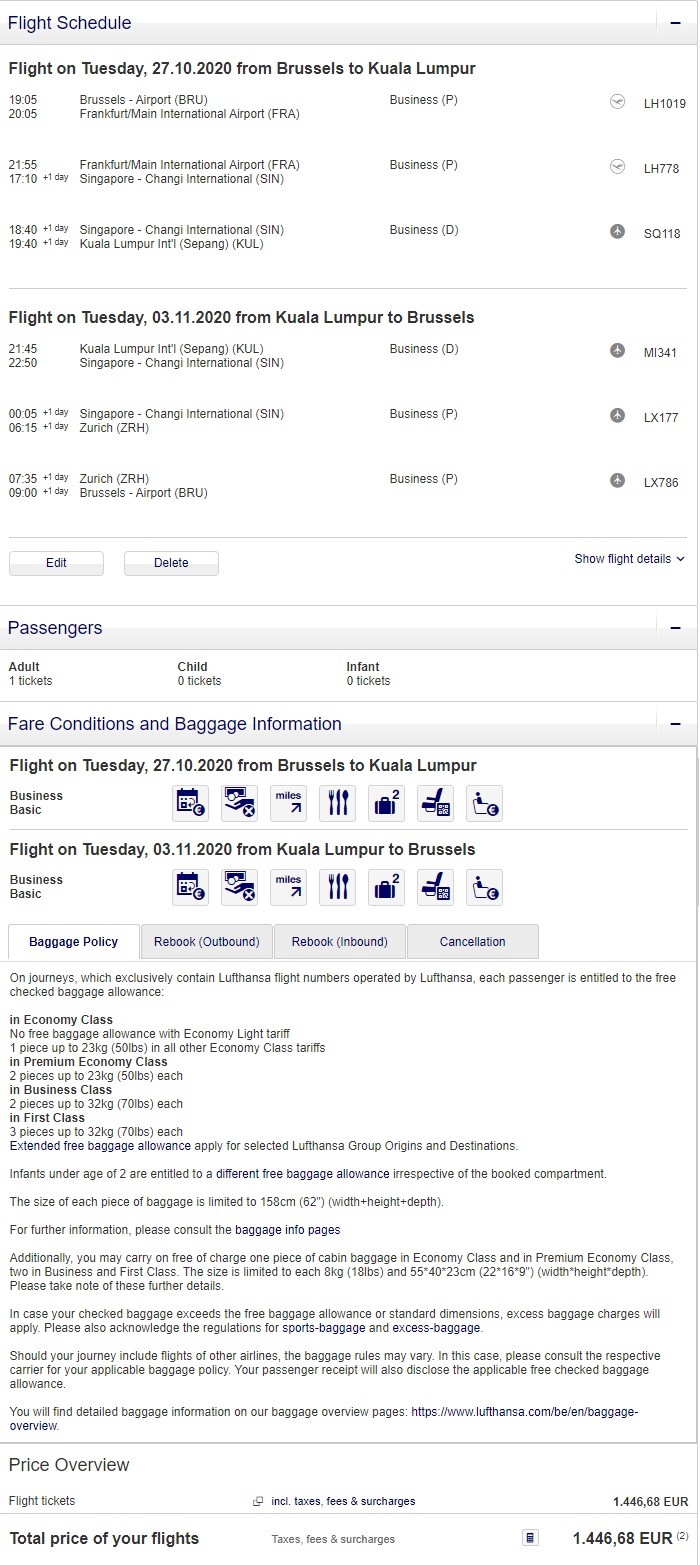 Preisbeispiel von Brüssel nach Kuala Lumpur in der Lufthansa Business-Class