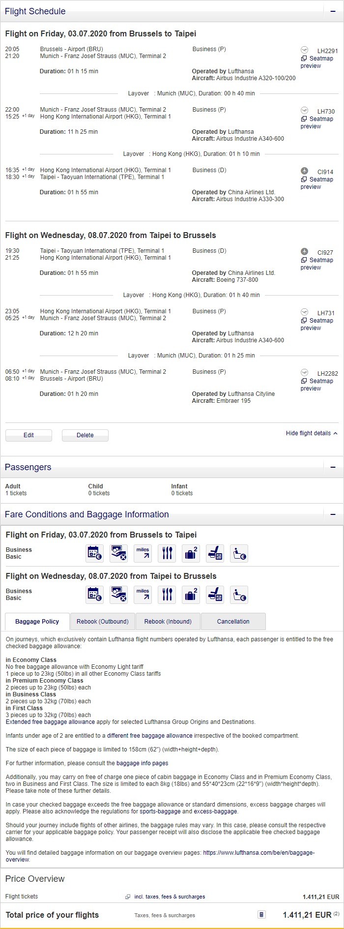 Preisbeispiel von Brüssel nach Taipei in der Lufthansa Business-Class