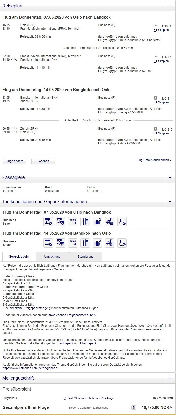 Preisbeispiel von Oslo nach Bangkok in der Lufthansa und Swiss Business-Class
