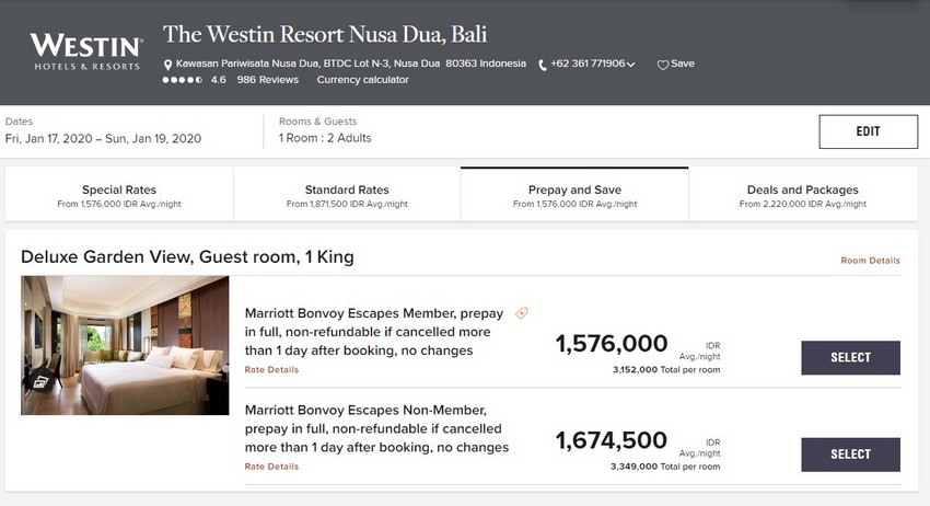 Vergleich Marriott Bonvoy Escapes Raten Westin Resort Nusa Dua