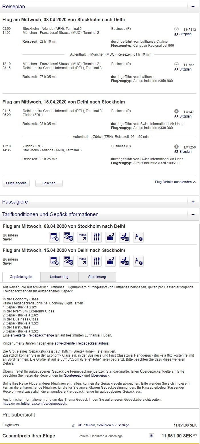 Preisbeispiel von Stockholm nach Delhi in der Lufthansa und Swiss Business-Class