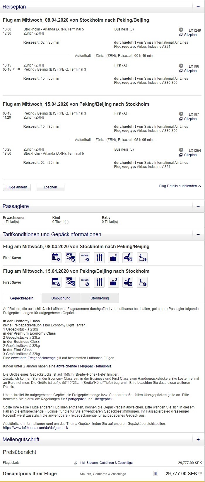 Preisbeispiel von Stockholm nach Peking in der Swiss Business-Class