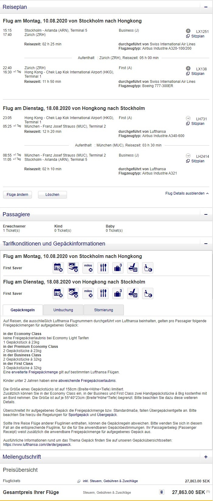 Preisbeispiel von Stockholm nach Hong Kong in der Lufthansa und Swiss Business-Class