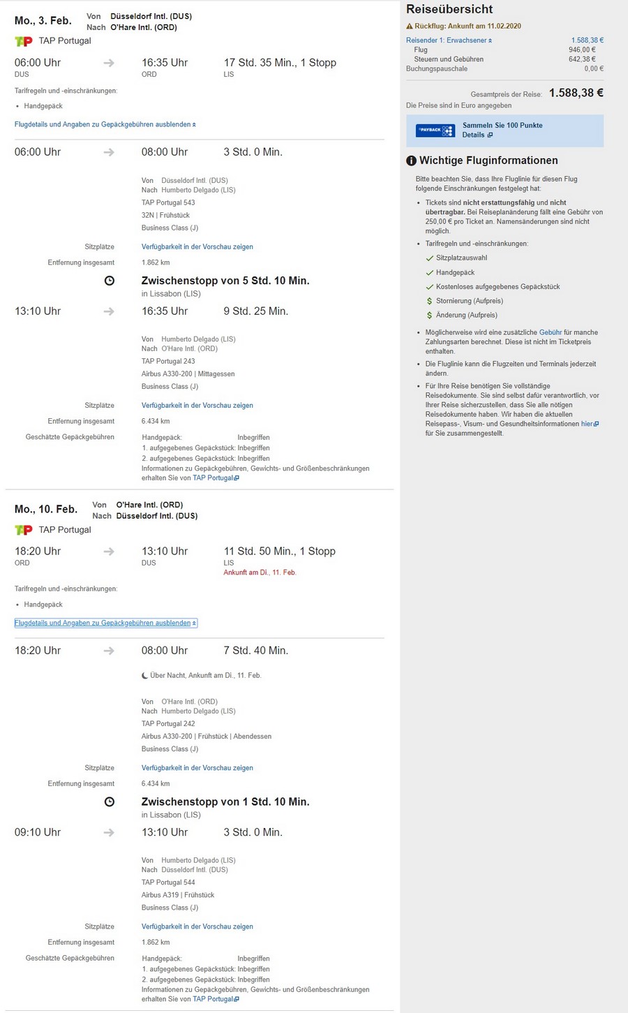 Preisbeispiel von Düsseldorf nach Chicagi in der TAP Air Portugal Business-Class auf Expedia