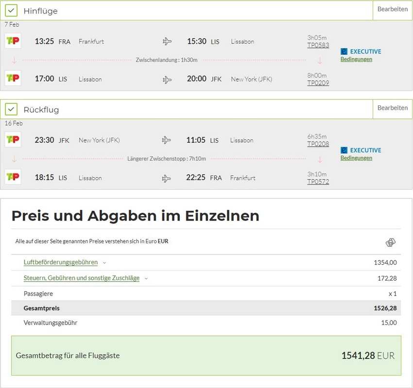 Preisbeispiel von Frankfurt nach New York in der TAP Air Portugal Business-Class