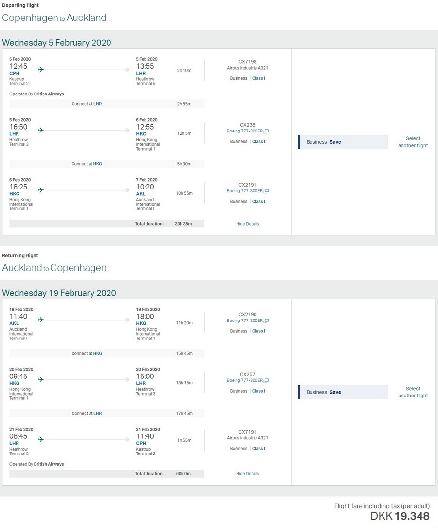 Preisbeispiel von Kopenhagen nach Auckland in der Cathay Pacific Business-Class