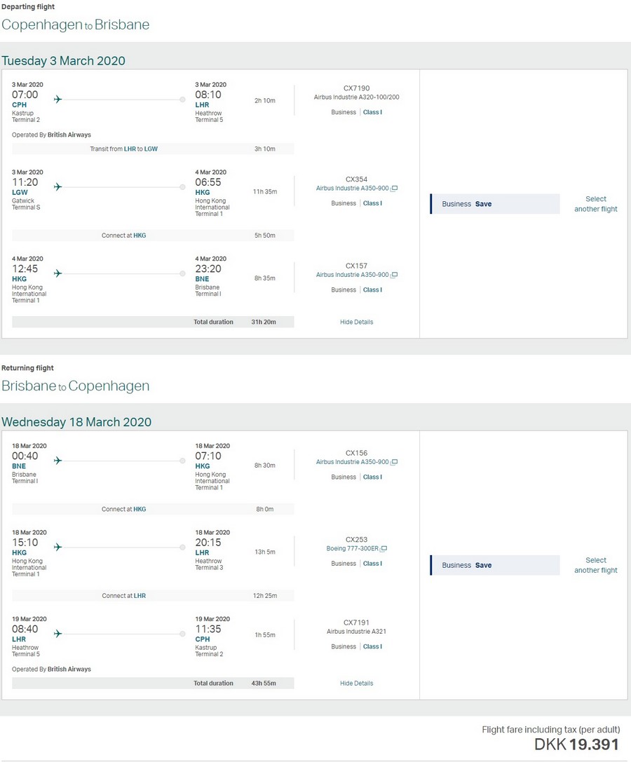 Preisbeispiel von Kopenhagen nach Brisbane in der Cathay Pacific Business-Class