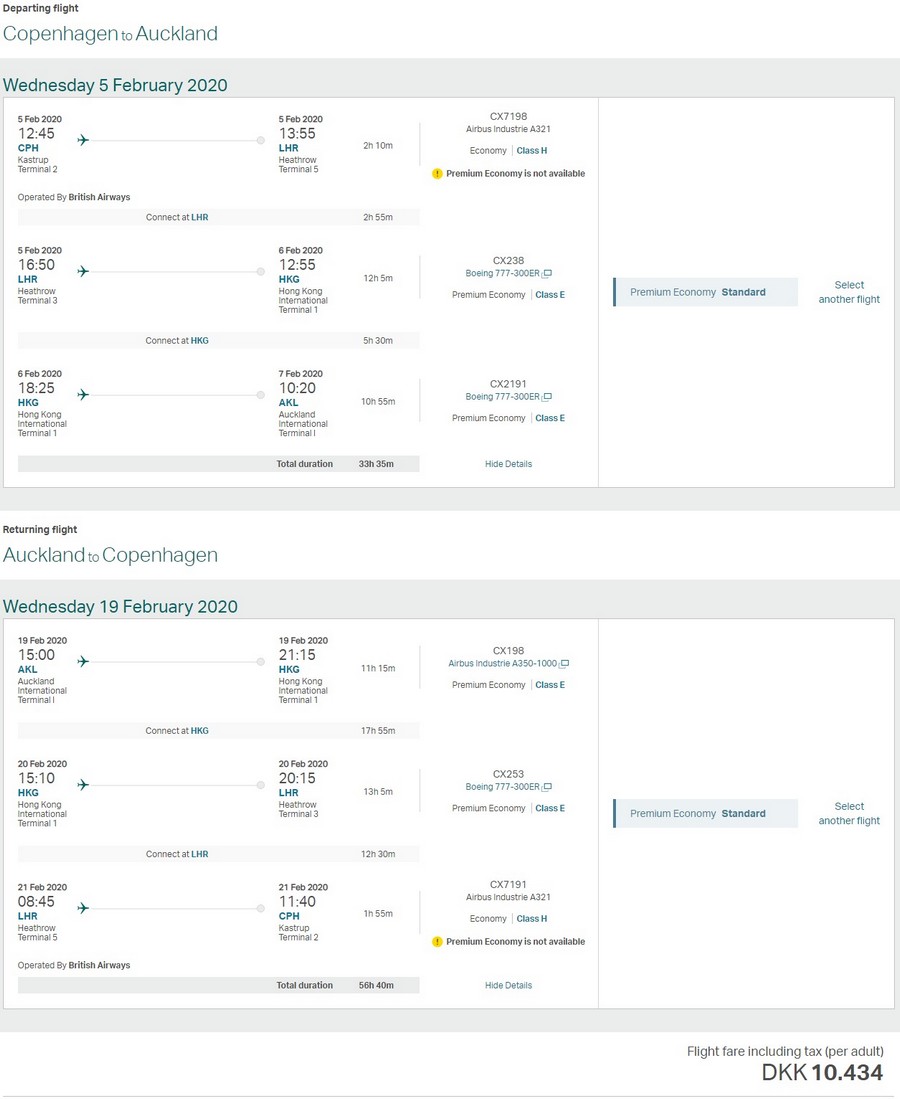 Preisbeispiel von Kopenhagen nach Auckland in der Cathay Pacific Premium-Economy-Class