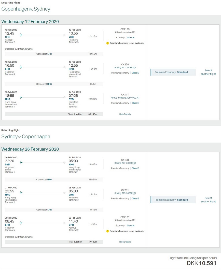 Preisbeispiel von Kopenhagen nach Sydney in der Cathay Pacific Premium-Economy-Class