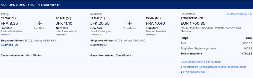 Preisbeispiel von Frankfurt nach New York in der Singapore Airlines Business-Class