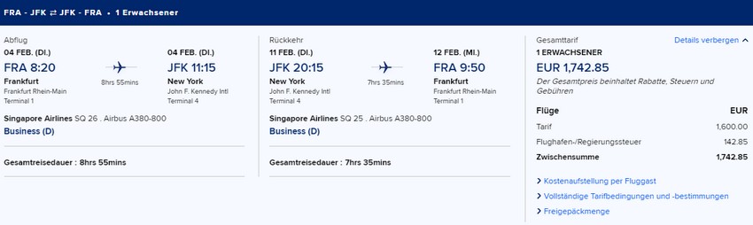 Preisbeispiel von Frankfurt nach New York in der Singapore Airlines Business-Class