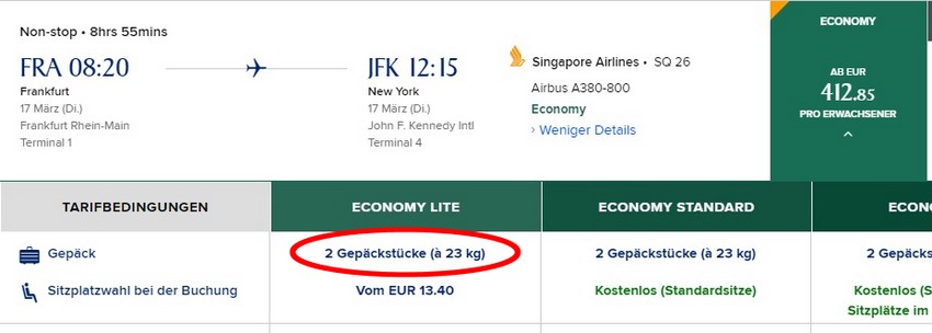 Gepäck ist bei den Flüge in der Economy-Class von Frankfurt nach New York ab 419 EUR inbegriffen
