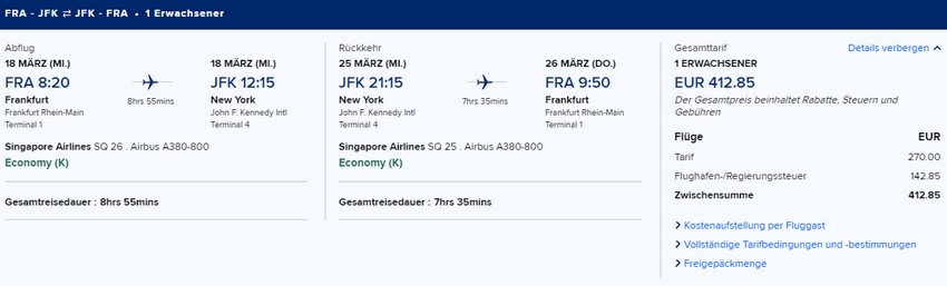 Preisbeispiel von Frankfurt nach New York in der Singapore Airlines Economy-Class